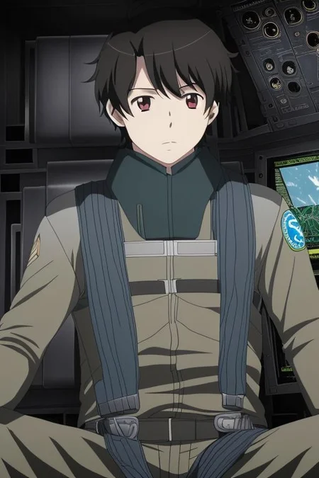 high resolution, solo, best quality, 1Boy, Inaho Kaizuka, Black Hair, Pilot, Cockpit, Jet Fighter, OverallDetail
