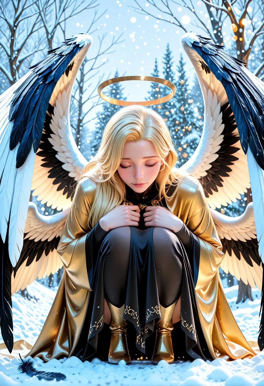 SmoothNoob_Quality, bokeh, symmetrical pose, symmetry, 1girl, solo, mature, blonde hair, gold robe, intricate robe, black trim, closed eyes, halo, light particles, long hair, (multiple wings, white wings, black feathers), squatting, hugging own legs, bare tree, tree, winter, snow, snowing, depth of field, <lora:SLE_v2:0.2> <lora:Smooth_Booster_v3:0.5> <lora:All_Disney_Princess_-_Illustrious:0.3> <lora:IncaseStyle_NoobAI:0.25>