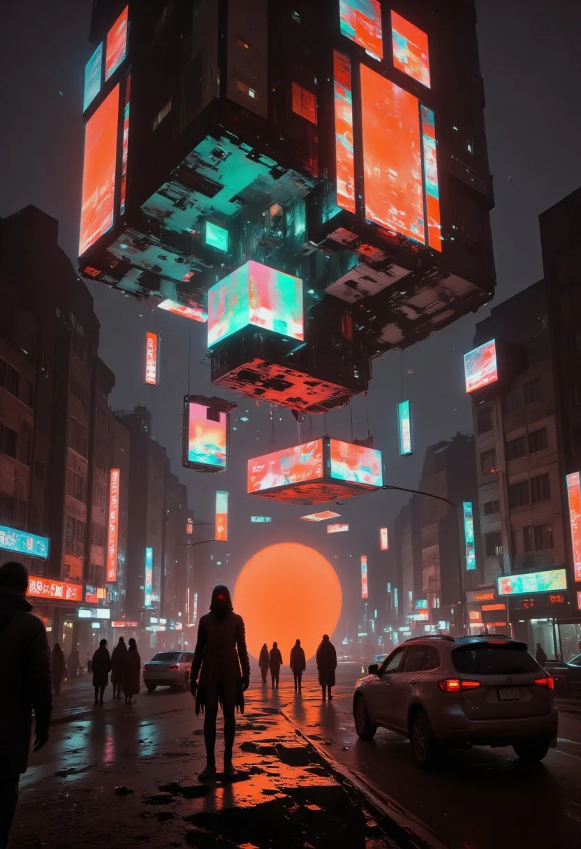 Floating Chaos, buildings, cars, people, nothing obeys gravity anymore. They hover, weightless, like forgotten memories. gantz-advancedsuit, osaka \(city\), doutonbori, midnight, neon sign, gantz advanced suit, orange sphere in background, highly detailed, high budget, cinemascope, moody, epic, gorgeous, film grain, grainy, Jagged rips in space-time, pulsating with the sickly glow of neon orange, electric blue, or radioactive green, synthetic mist, hiding secrets, silhouettes, and the occasional ghost of the old world. pscho_4rt, surreal, abstract, glitch effects