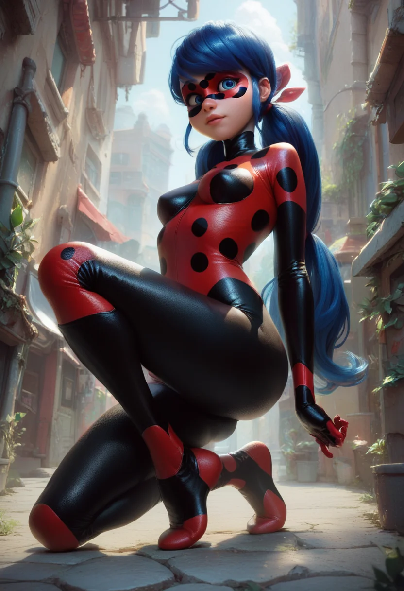 score_9, score_8_up, score_7_up, score_6_up, score_5_up, score_4_up, BREAK, source_cartoon, source_anime , <lora:Ladybug:0.9> 1girl, blue eyes, bodysuit, domino mask, full body, hair ribbon, ladybug costume, ladybug outfit, lips, long hair, low twintails, solo, twintails, blue hair, <lora:Realistic000003_1_2.5DAnime_0.05_Merge1:1> <lora:add-detail-xl:1> zPDXL