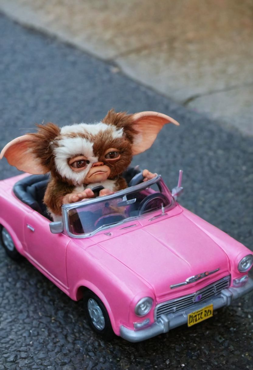 #giz#, (gremling driving a pink convertible car toy , Hands the steering, wheel down, hair moving through speed  :1.0) , amazing world, vivid colors, detailed , portrait in street of city, ( ultrarealist photography :1.3)