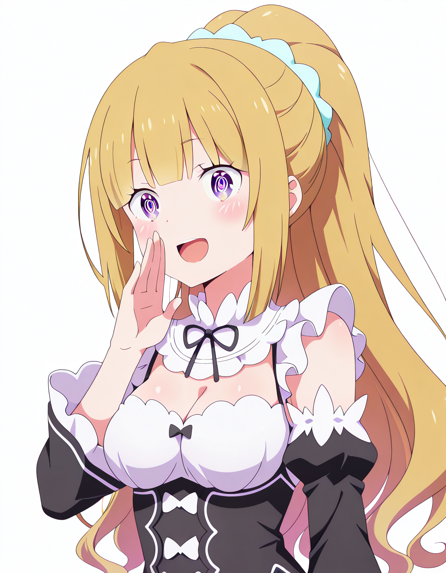 masterpiece, best quality, amazing quality,, <lora:kei-karuizawa-s2-v2-illustriousxl-lora-nochekaiser:1>, kei karuizawa, long hair, bangs, blunt bangs, purple eyes, blonde hair, hair ornament, ponytail, scrunchie, blue scrunchie, mature female, medium breasts, anime screencap,, <lora:rezero-rem-cosplay-illustriousxl-lora-nochekaiser:1>, rezero rem cosplay, rem (re:zero) (cosplay), roswaal mansion maid uniform, cosplay, maid, enmaided, underbust, detached sleeves,, <lora:shouting-hand-to-own-mouth-illustriousxl-lora-nochekaiser:1>, shouting hand to own mouth, shouting, hand to own mouth, looking at viewer, smile, open mouth, blush,, @_@, , <lora:transparent-background-illustriousxl-lora-nochekaiser:1>, transparent background, simple background, white background, ,
