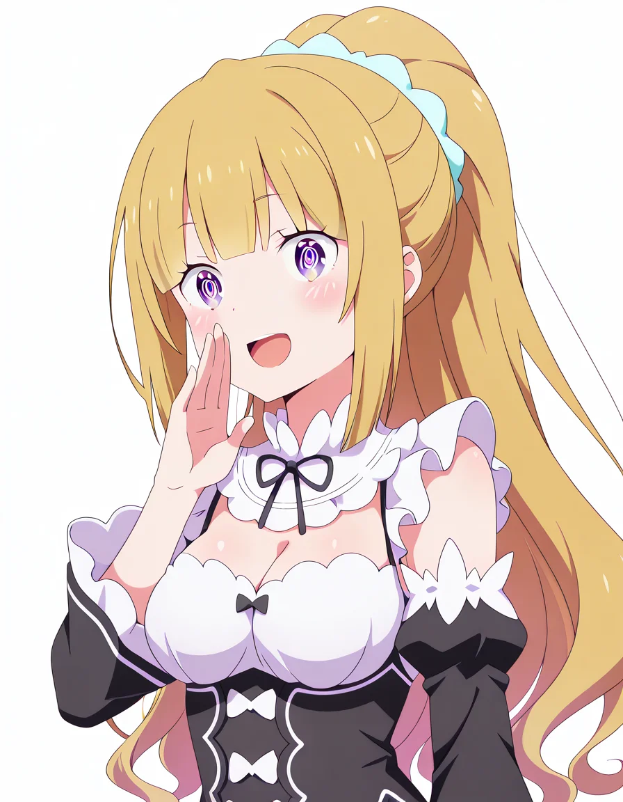 masterpiece, best quality, amazing quality,, <lora:kei-karuizawa-s2-v2-illustriousxl-lora-nochekaiser:1>, kei karuizawa, long hair, bangs, blunt bangs, purple eyes, blonde hair, hair ornament, ponytail, scrunchie, blue scrunchie, mature female, medium breasts, anime screencap,, <lora:rezero-rem-cosplay-illustriousxl-lora-nochekaiser:1>, rezero rem cosplay, rem (re:zero) (cosplay), roswaal mansion maid uniform, cosplay, maid, enmaided, underbust, detached sleeves,, <lora:shouting-hand-to-own-mouth-illustriousxl-lora-nochekaiser:1>, shouting hand to own mouth, shouting, hand to own mouth, looking at viewer, smile, open mouth, blush,, @_@, , <lora:transparent-background-illustriousxl-lora-nochekaiser:1>, transparent background, simple background, white background, ,