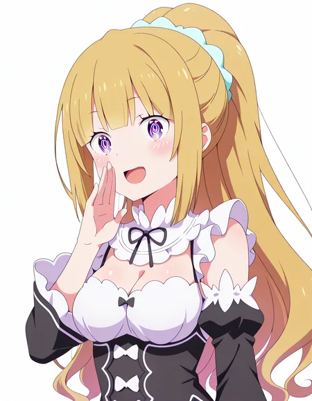 masterpiece, best quality, amazing quality,, <lora:kei-karuizawa-s2-v2-illustriousxl-lora-nochekaiser:1>, kei karuizawa, long hair, bangs, blunt bangs, purple eyes, blonde hair, hair ornament, ponytail, scrunchie, blue scrunchie, mature female, medium breasts, anime screencap,, <lora:rezero-rem-cosplay-illustriousxl-lora-nochekaiser:1>, rezero rem cosplay, rem (re:zero) (cosplay), roswaal mansion maid uniform, cosplay, maid, enmaided, underbust, detached sleeves,, <lora:shouting-hand-to-own-mouth-illustriousxl-lora-nochekaiser:1>, shouting hand to own mouth, shouting, hand to own mouth, looking at viewer, smile, open mouth, blush,, @_@, , <lora:transparent-background-illustriousxl-lora-nochekaiser:1>, transparent background, simple background, white background, ,