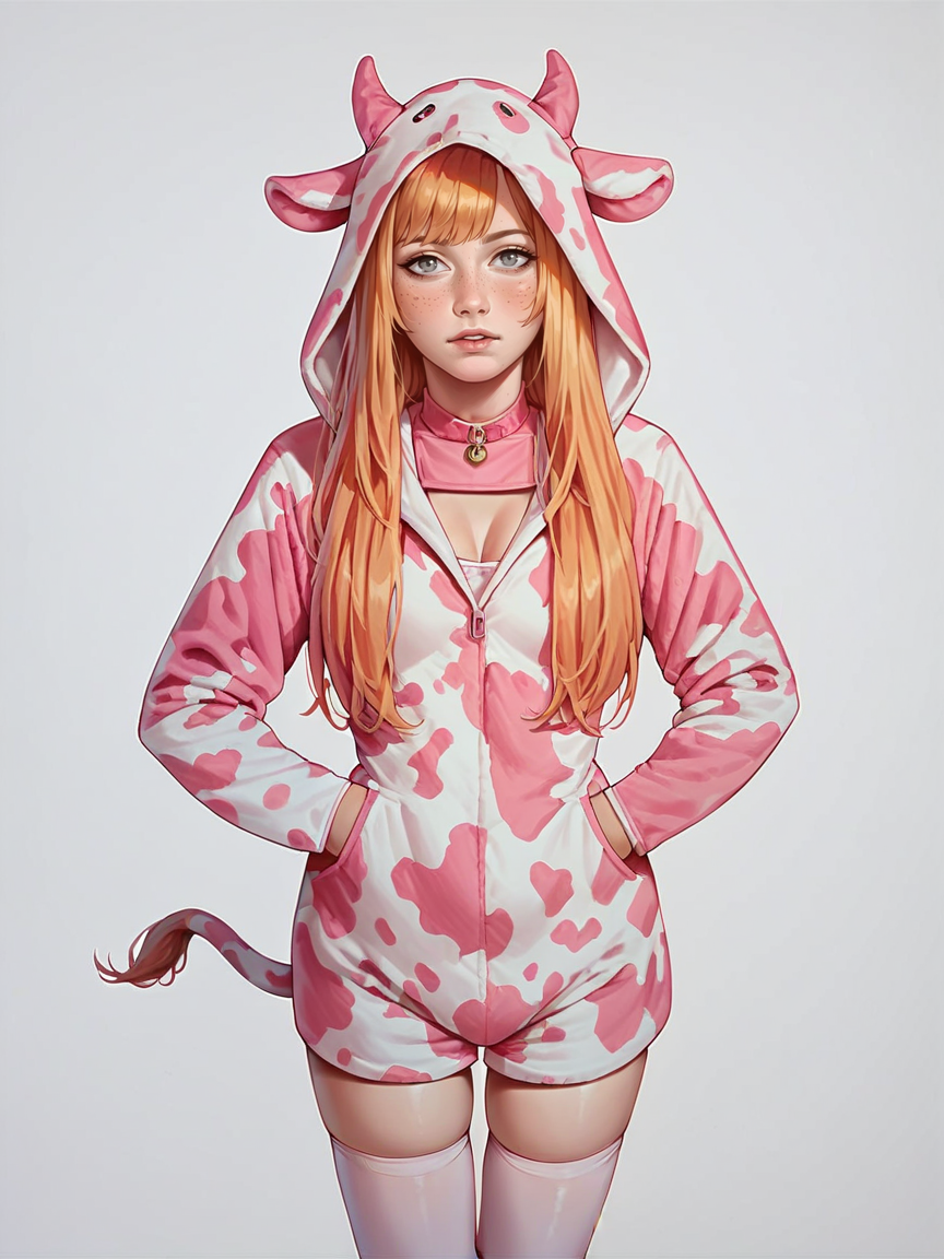 score_9, score_8_up, score_7_up, score_6_up, score_5_up, score_4_up, 1girl, p1nkc0w, pink cow print, thighhighs, hood up, onesie, horns, <lora:p1nkc0wXLP2:0.6> long hair, ginger hair, standing