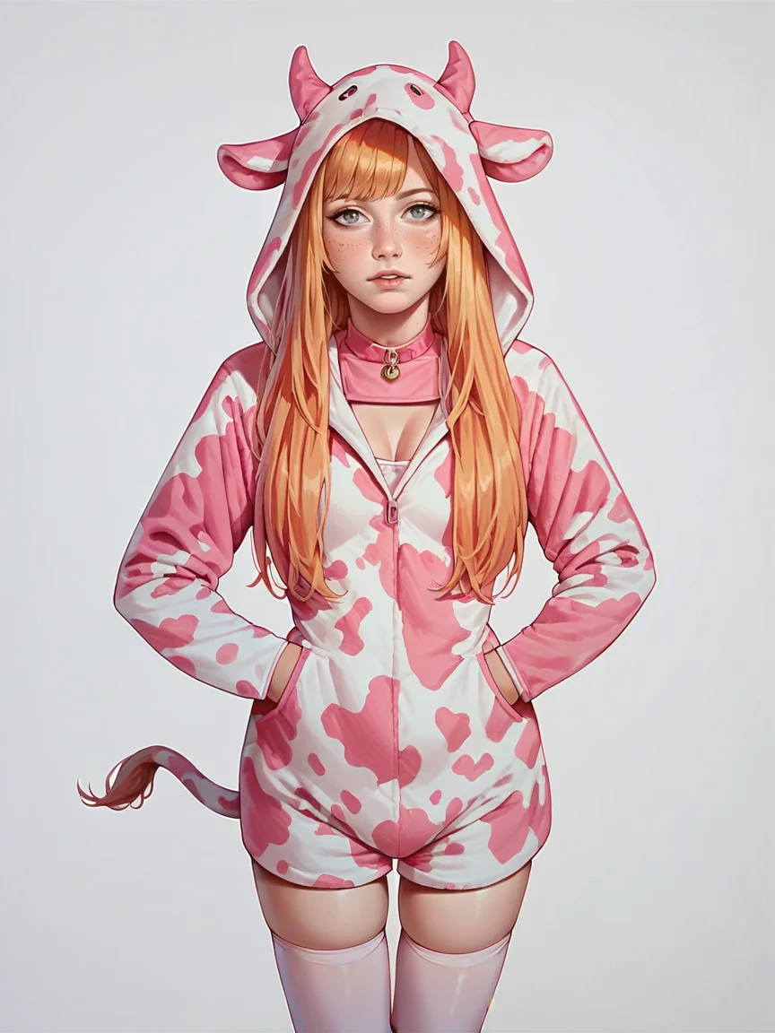 score_9, score_8_up, score_7_up, score_6_up, score_5_up, score_4_up, 1girl, p1nkc0w, pink cow print, thighhighs, hood up, onesie, horns, <lora:p1nkc0wXLP2:0.6> long hair, ginger hair, standing