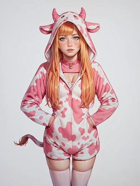 score_9, score_8_up, score_7_up, score_6_up, score_5_up, score_4_up, 1girl, p1nkc0w, pink cow print, thighhighs, hood up, onesie, horns, <lora:p1nkc0wXLP2:0.6> long hair, ginger hair, standing