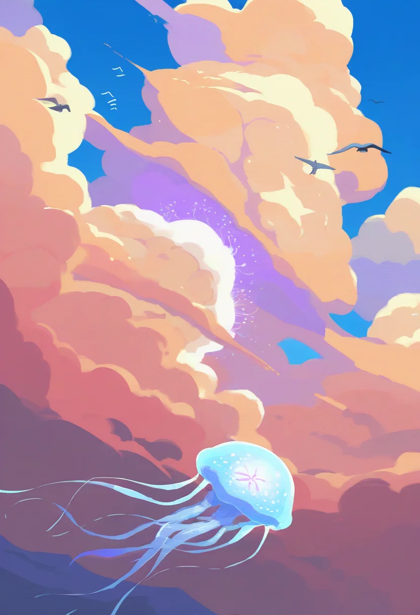 masterpiece, best quality, very aesthetic, absurdres,
rorr,
giant jellyfish, wandering vagrant, bird, view from far, cloud, blue sky background, no human <lora:RoRRNoobLocon_byKonan:1>