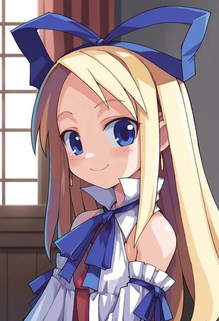score_9, score_8_up, score_7_up, score_6_up, score_5_up, score_4_up , anime coloring ,BREAK source_anime, anime screencap,
1girl, solo,disflonne, blue eyes, bare shoulders, base flonne outfit, blue neck ribbon, blue hair bow,detached sleeves, yellow earrings, <lora:PonyXL Flonne V3:1>
indoors, looking at viewer, upper body, smile,
