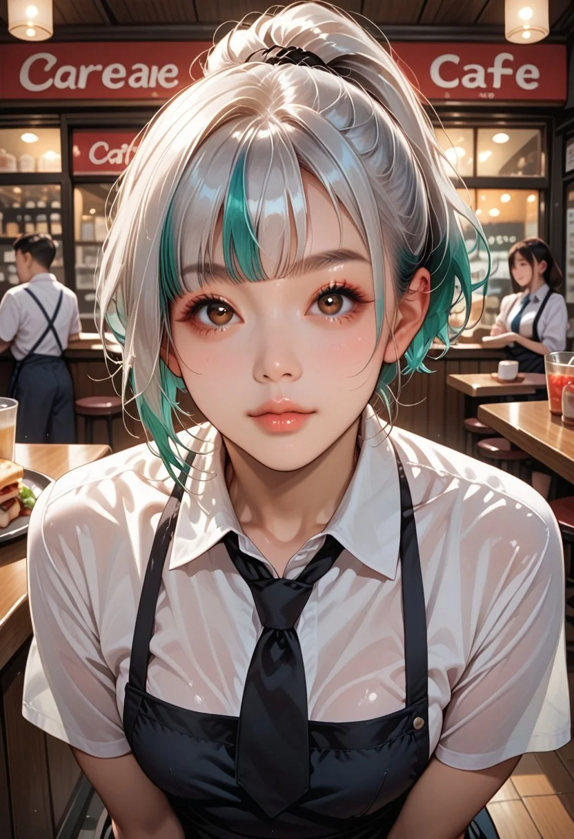 score_9, score_8_up, score_7_up, RND futa, asian girl, round face, droopy eyes, tareme, 22yo, pale-blue hair, multicolor hair, ponytail, green hair, short hair, boy hair, big bright eyes, brown eyes, light makeup, half lips, slim, medium perky breasts, perfect ass, BREAK (black apron, white shirts, tie), serving food, silver tray, quiet cafe, posing, eye_focus, solo, looking_at_viewer, front view,