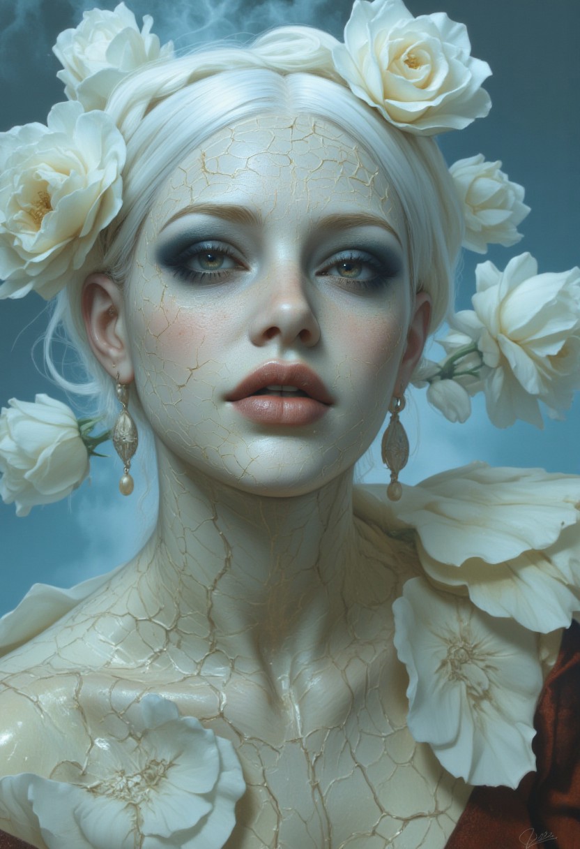 Close-up portrait of a statue of a woman. Her head and body are made of ivory and smooth with numerous, glowing, fine, hairline cracks covering the head and down her neck creating an organic mosaic pattern. She is biomechanical. Her eyes are an intense hazel color with black eyeshadow, and her lips are a rich, deep red color. A spot light focuses on her eyes, creating strong highlights and shadows. The light background is softly blurred showing a sea of white rose petals, but is blurred and out of focus so all visual attention is on the woman's eyes, nose and mouth. Her hair is stark white and falls around the lower half of the image. She is blending in with the background. She is looking at the viewer and is screaming. Blue and white smoke surround her body. She is like a bust. The overall impression is one of dramatic beauty, with an almost otherworldly quality.  (((ultra-realistic style))), realistic soft lighting, eye-catching, atmospheric lighting, smokey environment, natural, shallow depth of field, (highlights: 0.8), high detail (dynamic, sincere, cinematic shot, film grain, bokeh, depth of field)