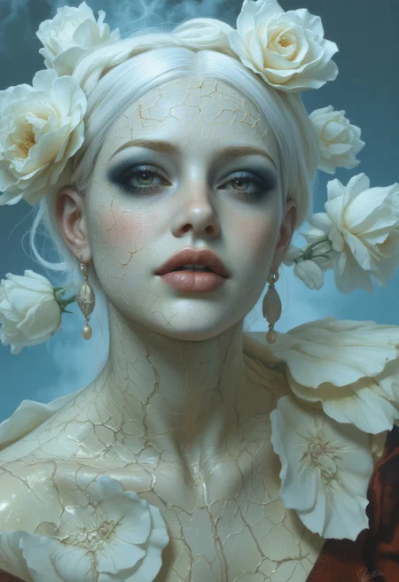 Close-up portrait of a statue of a woman. Her head and body are made of ivory and smooth with numerous, glowing, fine, hairline cracks covering the head and down her neck creating an organic mosaic pattern. She is biomechanical. Her eyes are an intense hazel color with black eyeshadow, and her lips are a rich, deep red color. A spot light focuses on her eyes, creating strong highlights and shadows. The light background is softly blurred showing a sea of white rose petals, but is blurred and out of focus so all visual attention is on the woman's eyes, nose and mouth. Her hair is stark white and falls around the lower half of the image. She is blending in with the background. She is looking at the viewer and is screaming. Blue and white smoke surround her body. She is like a bust. The overall impression is one of dramatic beauty, with an almost otherworldly quality. (((ultra-realistic style))), realistic soft lighting, eye-catching, atmospheric lighting, smokey environment, natural, shallow depth of field, (highlights: 0.8), high detail (dynamic, sincere, cinematic shot, film grain, bokeh, depth of field)