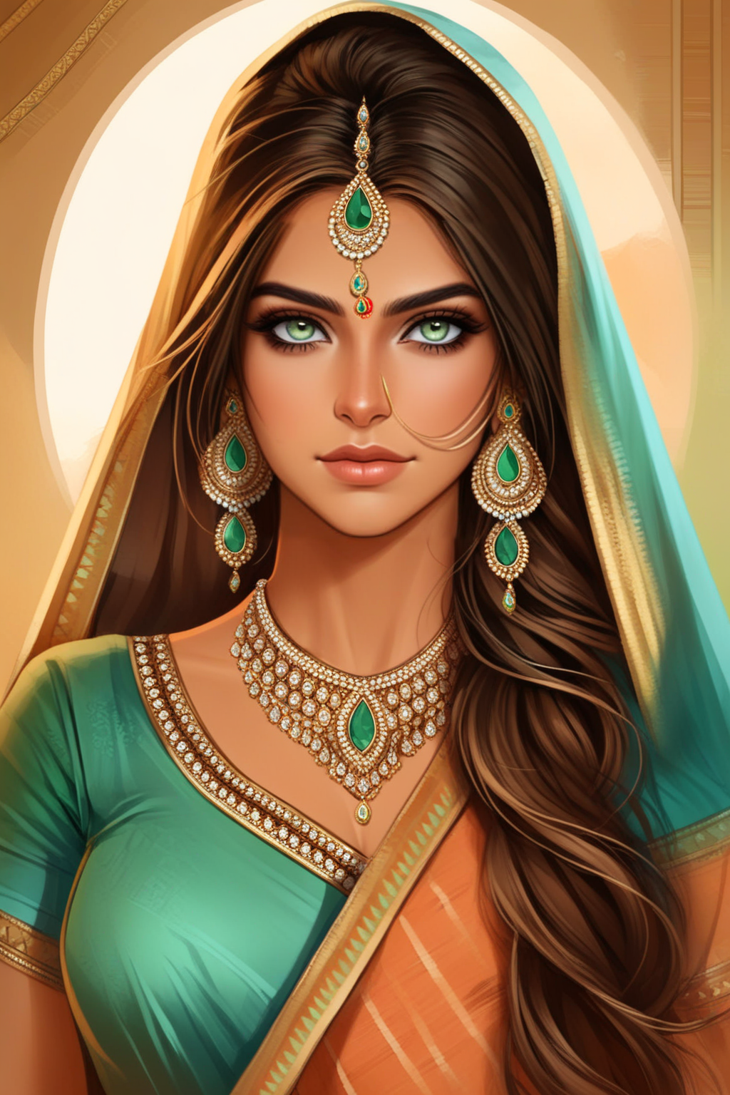 girl, brown long hair, green eyes, indian jewelry, portrait style art  <lora:Sarasvati XL:0.8> sara