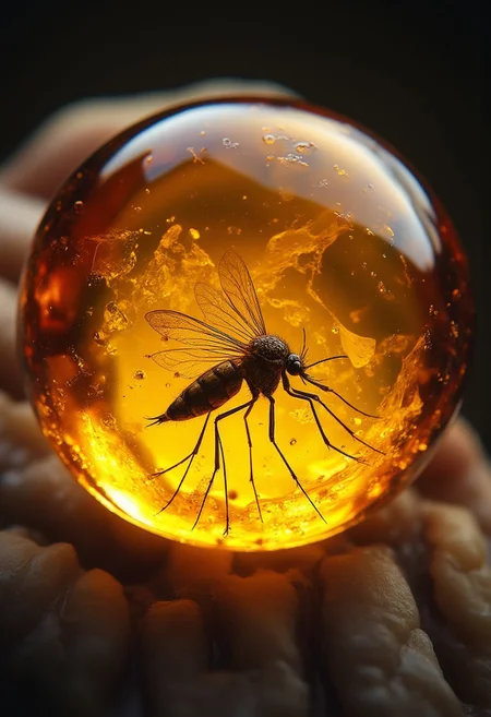 improved cinematic photo, 35mm photograph, film, professional, 4k, highly detailed,
An amber fragment enclosing a mosquito,
The amber fragment is a smooth, slightly irregular sphere, roughly the size of a marble, with a warm golden-brown hue. Its surface is polished, gleaming softly under light, revealing a mesmerizing play of golden, honey, and orange tones. Tiny air bubbles and organic inclusions are scattered throughout, lending it a sense of antiquity and natural complexity.
Inside, a perfectly preserved mosquito lies suspended in time, its delicate body encased in the translucent amber. The mosquito's fragile wings are intricately veined, spread slightly as if caught mid-flight, shimmering faintly under the amber’s glow. Its slender legs are bent, and its long proboscis is clearly visible, emphasizing its ancient yet recognizable anatomy.
Around the mosquito, subtle striations and minute organic fragments, possibly plant material or dust, create a vignette that frames the insect. The amber’s clarity varies in places, with some sections slightly cloudy, further accentuating the mosquito as the focal point. The fragment feels timeless, a tiny time capsule offering a glimpse into a prehistoric world millions of years ago