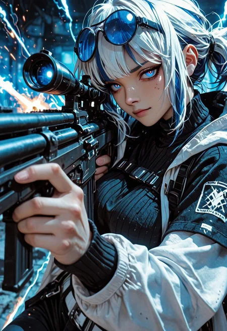 highres, very detailed, amazing quality, masterpiece,
very aesthetic,
particle effects,
1girl, Andreana from Arknights, large breasts, curvy, short hair, streaked hair, blue hair, white hair, short ponytail, blue eyes, round eyewear on eyes, blue-tinted eyewear, white jacket, hooded jacket, hood down, open jacket, layered sleeves, short over long sleeves, black sweater, turtleneck sweater, black pants, white belt, black bag, fanny pack,
Aiming a sniper, holding a sniper rifle, firing rifle, looking at viewer, smirk, intense, confident expression,
reflections in glasses, particle effect,
Close up, depth of field, ray_tracing, cowboy shot, extreme foreshortening, very aesthetic, cinematic,