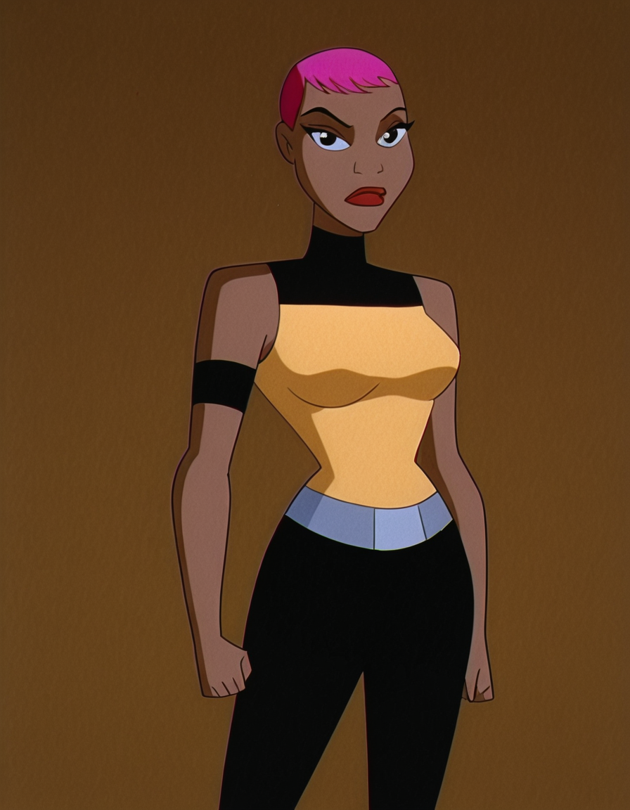 <lora:MaxGibsonIllustrious1.0JLFO:1> maxgibson, short hair, 1girl, pink hair, solo, dark skin, dark-skinned female, black eyes, sleeveless, armband, makeup, lipstick, breasts,retro artstyle,  , belt, black pants, looking at viewer,  simple background,