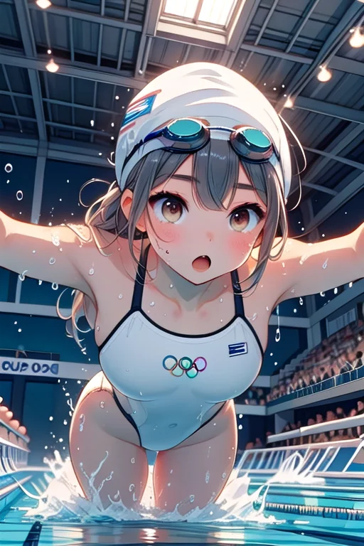 ((butterfl_ystroke)), ((lying on stomach)), ((submerged)), outstretched arms, arms behind back, leaning forward, water flow, refraction, player swimsuit, splashing, skylight, swimming pool, olympic games venue, cinematic lighting, multiple girls, swim cap, head down, bent over, cleavage, big tits, all fours, <lora:girllikebutterflystroke:1>