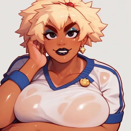score_9, score_8_up, score_7_up, score_6_up, 1woman, , chubby, muscle, wrinkles, Mina, black eyes, blonde hair, thick eyebrows, eyeshadow, dark-skinned female, short sleeves, sportswear, topknot, huge sagging breasts, huge dark areola, black lipstick, hairy armpits , extreme pubic hair, fat muscular belly, sweaty, wet, puffy,
gyaru,tan,tanned skin,revealing clothes,
perfect face, detailed eyes, perfect eyes, sexy, sexy woman, beautiful eyes, petite body, perfect cute face, (armrest), light smile, seductive, portrait, biting own lip, portrait, close up