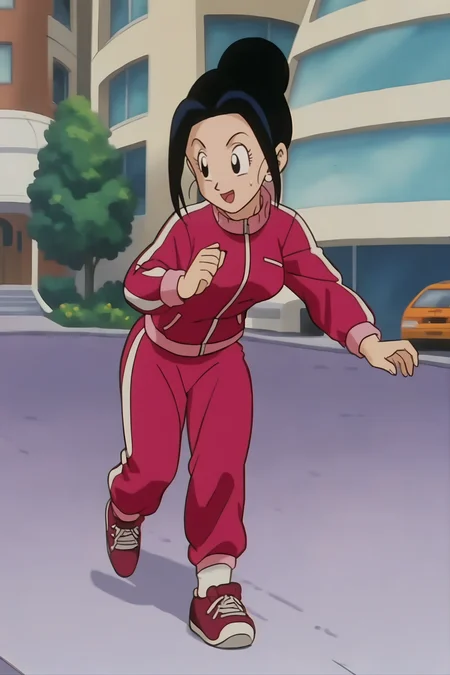 source_anime, score_9, score_8_up, score_7_up, anime screencap, absurdres, official style,
chi-chi, end of buu, black hair, eyelashes, hair bun, black eyes, single hair bun
1girl, solo, smile, open mouth, outdoors, running, city, street, dappled sunlight, sweatdrop,
track jacket, track pants, sneakers,
<lora:chichi_pony_v2:0.8>