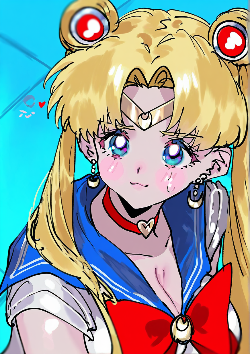 <lora:mm___0422:1.2>,1girl, sailor moon, tsukino usagi, huge breasts, :3, blonde hair, blue background, blue eyes, blue sailor collar, blush stickers, bow, bowtie, choker, circlet, closed eyes, closed mouth, crescent, crescent earrings, earrings, from side, hair ornament, hair over shoulder, heart, heart choker, jewelry, long hair, meme, parted bangs, red bow, red bowtie, red choker, sailor collar, sailor moon redraw challenge (meme), sailor senshi uniform, school uniform, serafuku, solo, sweatdrop, twintails, upper body, 
very awa, masterpiece, best quality, highres, absurdes,amazing quality