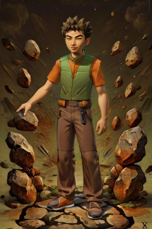 (masterpiece), hdr, 1boy, brkani,   <lora:add_detail:1> <lora:Brock:0.95>, abstract background of stones, black background,  dim light, brown pants, orange shirt, short sleeves, green vest, open vest