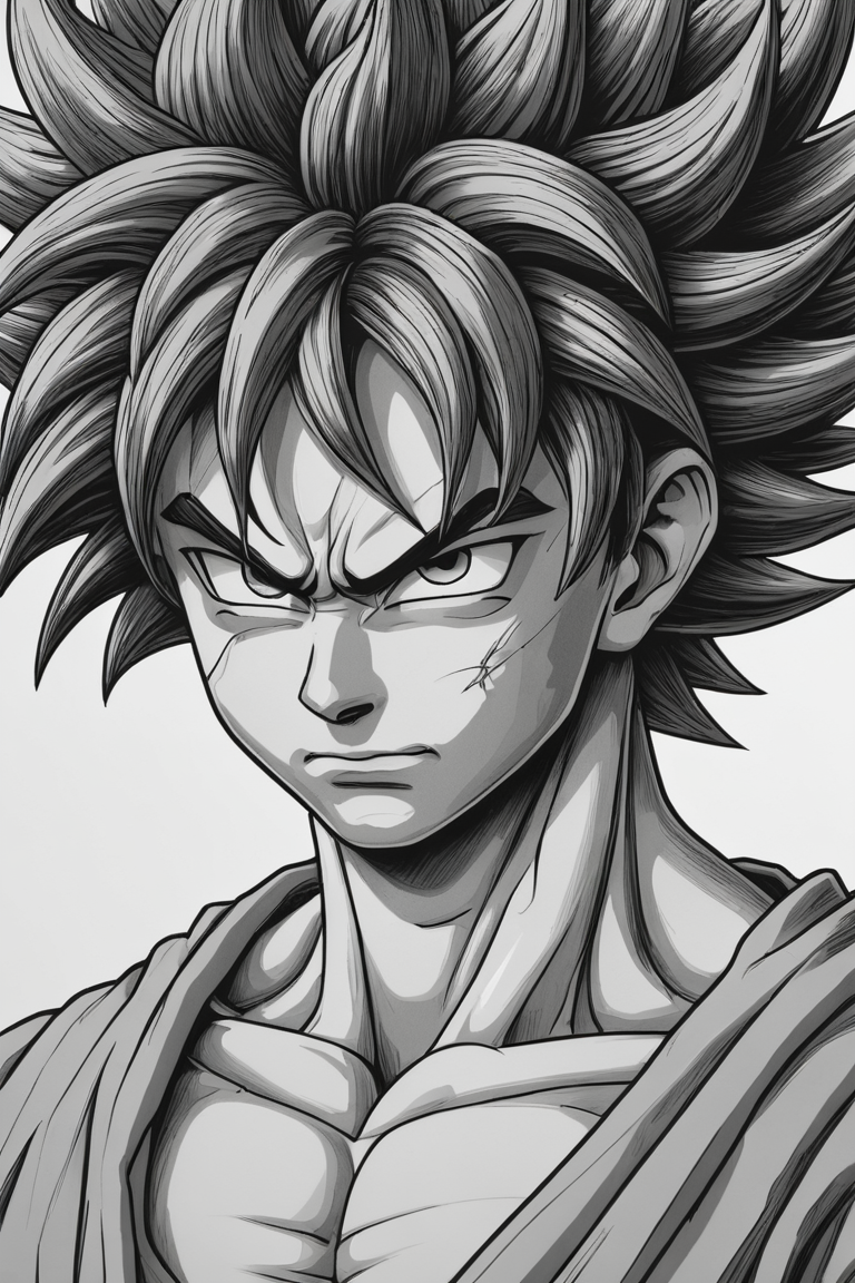 son Goku manga drawing,super detailed,monochrome
