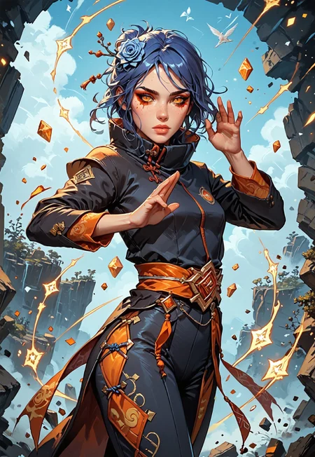 ((zPDXL3)), ((masterpiece,best quality, highly detailed)), ((score_9)), score_8_up, score_7_up, score_6_up, score_5_up, score_4_up, Digital painting style, brushstrokes, ((EnhanceImage)), solo, 1girl, KonanNSHXL, makeup, orange eyes, blue hair, short hair, single hair bun, hair flower, medium breasts, high collar, black coat, coat with cloud print, long sleeves, pants, sandals, origami, swirls of origami, origami cranes,
Expressiveh, 30yo, adult lustful confident woman, petite, slender body, perky saggy natural breasts, full lips, bangs, sidelocks, straps,
chinese magical sorceress, animated, swirling magic, wisps of magic, ((dancing pose)), tight squeezed outfit, magical accessories, evoking motion, conveying motion, dynamic splash art,
<lora:PainterlyFantasiaPDXL:0.6>,