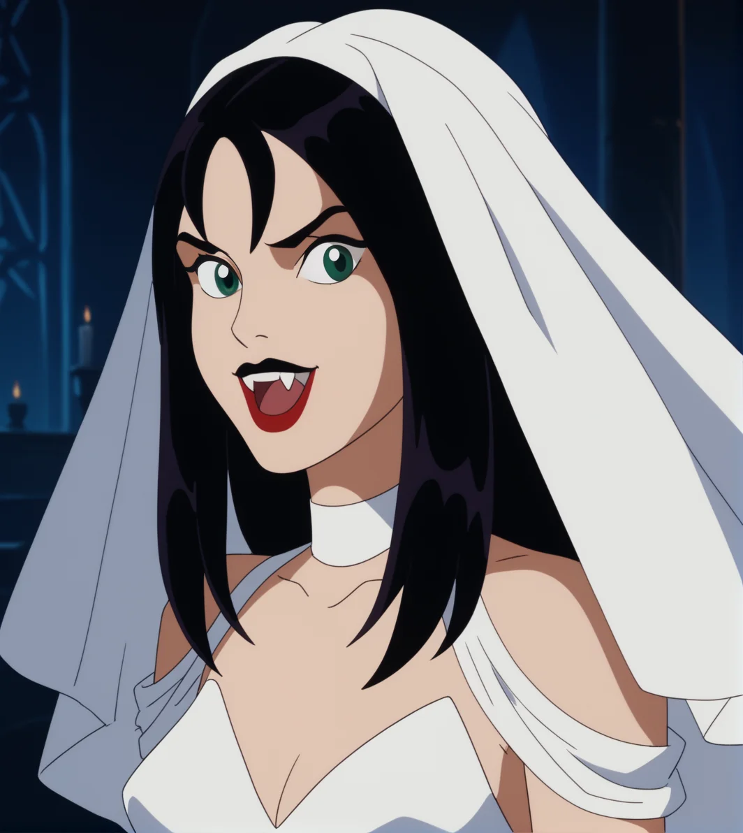 score_9,score_8_up, score_7_up,
hexthorn, 1girl, solo, upper body, long black hair, green eyes, 
white dress with white draped sleeves, white choker, white veil, lipstick, 
open mouth, fangs, pointy teeth, vampire, 
retro_artstyle, cartoon, source_cartoon, lowres, 
<lora:Thorn_The_Hex_Girls:.9>