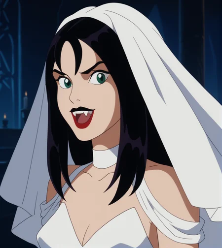 score_9,score_8_up, score_7_up,
hexthorn, 1girl, solo, upper body, long black hair, green eyes,
white dress with white draped sleeves, white choker, white veil, lipstick,
open mouth, fangs, pointy teeth, vampire,
retro_artstyle, cartoon, source_cartoon, lowres,
<lora:Thorn_The_Hex_Girls:.9>
