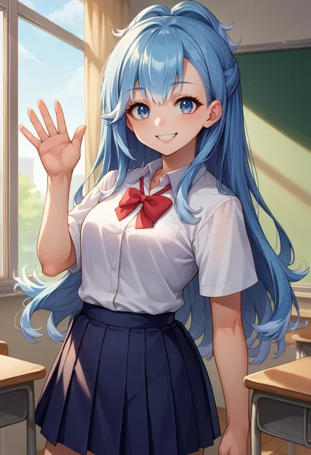 score_9, score_8_up, source_anime, 1girl, solo, KoboKanaeru, blue eyes, long hair, blue hair, colored tips, classroom, window, school uniform, dress shirt, pleated skirt, waving at viewer, smile, <lora:Char-KoboKanaeruPonyXL:1>