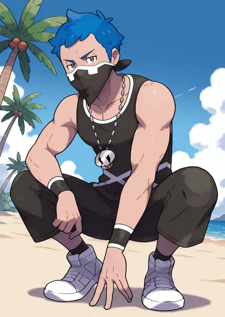 <lora:Team_Skull_Grunt_IL:0.98> 1boy, solo, male focus, team_skull_male_grunt, black tank top, short hair, black capri pants, chain necklace, skull necklace, black wristband, muscular, blue hair, brown eyes, pose, looking at viewer, squatting, black socks, white sneakers, beach, daytime, palm tree, mouth mask, covered mouth, <lora:PokemonSV-IllustriousXL_Aeromoia:1> pokemonsv