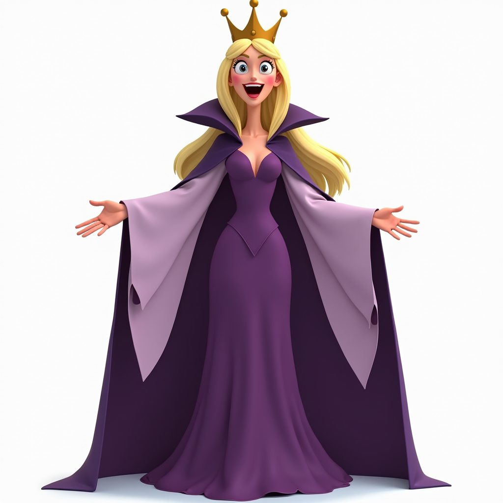 cinematic film still  <lora:hand v1:0.5> <lora:perfection style v1:1> sharp focus, detailed edges,  <lora:detailed style v0.5:> <lora:skin texture style v1:0.2>
A perfect photo of a cartoon of a wicked woman dressed in a purple gown,1girl,solo,open mouth,blonde hair,simple background,white background,dress,full body,wide sleeves,cape,arms up,makeup,outstretched arms,crown,genderswap (mtf),robe , detailed face, detailed body, detailed hands, detailed eyes, detailed nose, detailed ears, detailed hair, detailed, perfection, detailed teeth, detailed skin texture, wrinkly, detailed fingers, detailed mouth, beauty, realism, real, detailed hair, detailed pores, detailed background, sharp image, detailed lips, different race, different color, different haircut, different skin tone, different, different people, different pose, perfection style . shallow depth of field, vignette, highly detailed, high budget, bokeh, cinemascope, moody, epic, gorgeous, film grain, grainy