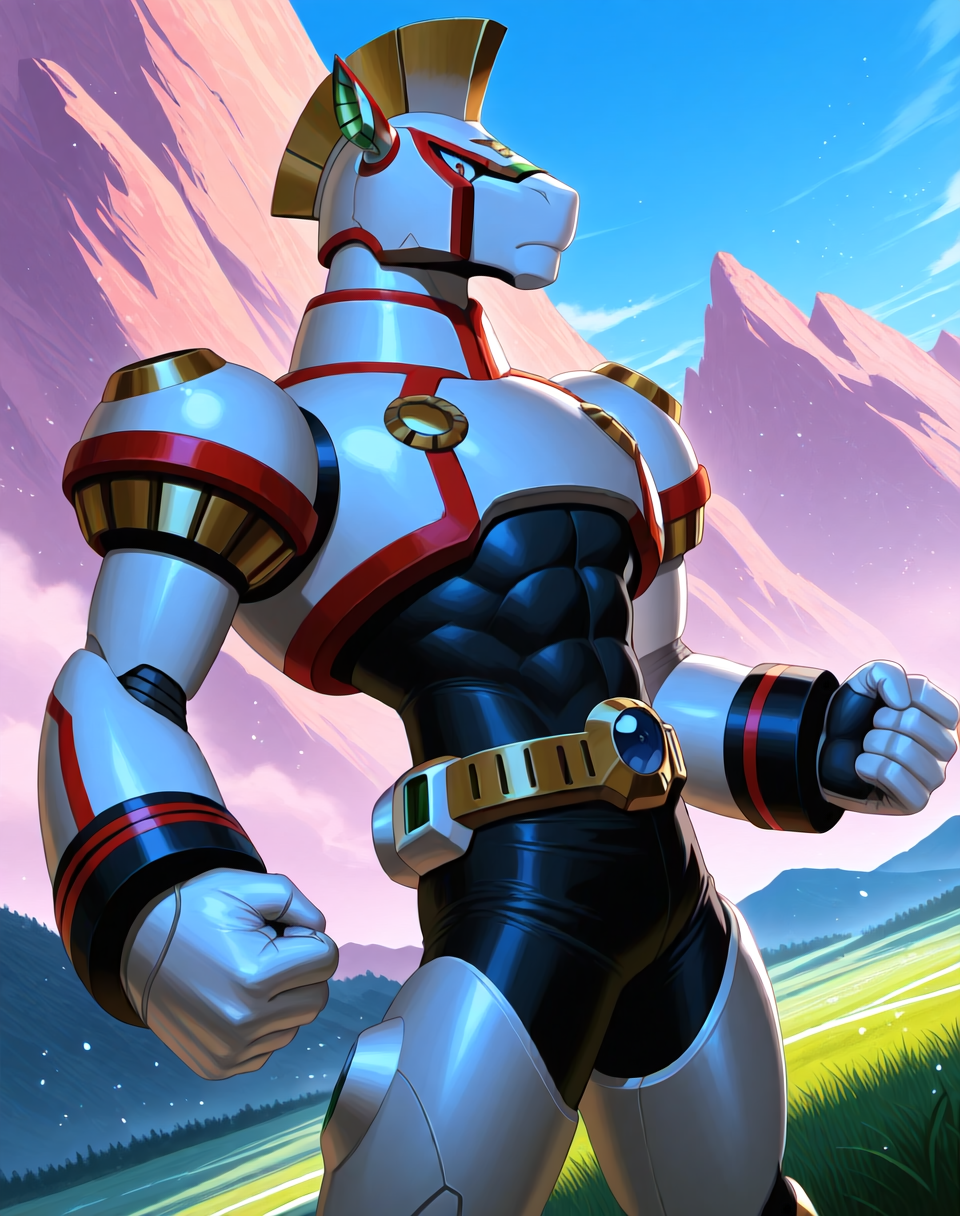 <lora:Spiral_Pegasus_(Mega_Man_X)_(Illustrious)_(AD):1.35> Spiral Pegasus, reploid, MMX, 
((
exterior, blue sky with clouds, mountain valley, grassy valley,
dutch angle, dynamic action, cowboy shot, 
male focus, intense shadows, dynamic shadows, intricate details, attention to details, gradient coloring, robot, bright vivid colors, deep metallic colors, glossy metal body, hyper muscular, abs, 
)), 
BREAK very awa, masterpiece, best quality, amazing quality, very aesthetic, highres, absurdres,
EZRealPONYXL, zPDXL, Smooth Quality, lazynsfw,