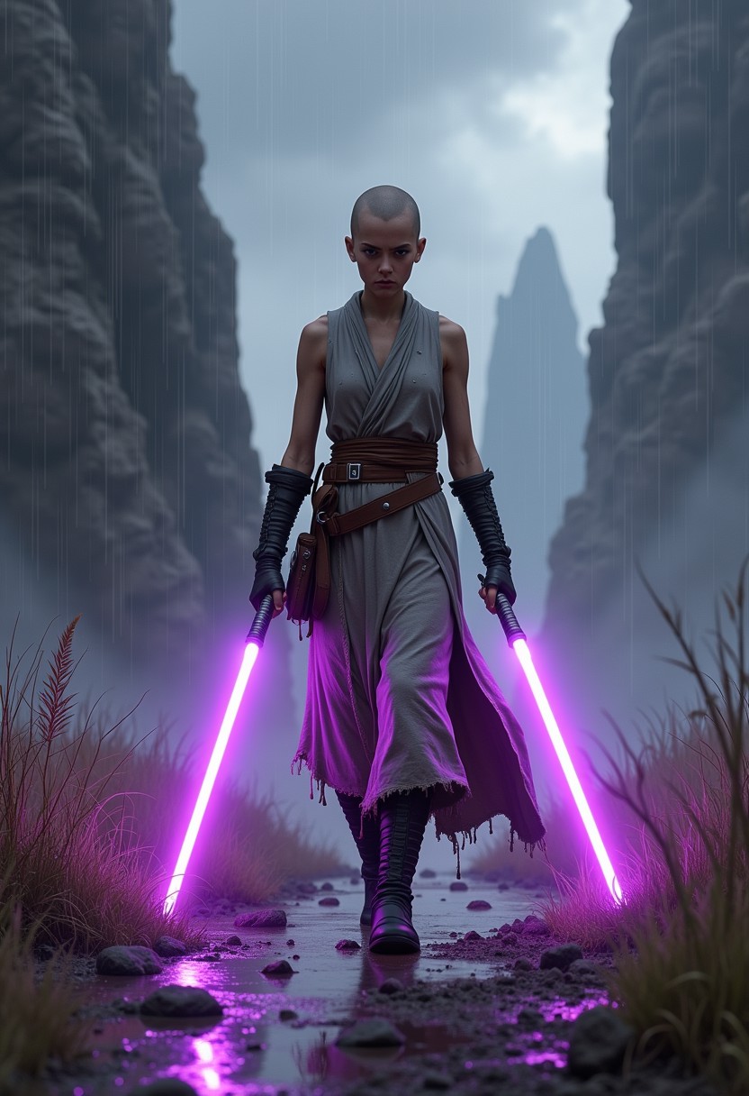 a centered below shot high detailed digital art illustration of a jedi knight in a walking pose holding with 2 purple light-sabers, wearing grey ripped dirty jedi tunic dripping with no sleeves and bare-arms,  looking at viewer with angry face, bald young girl, black gloves. volumetric light from above, rim lighting,
the background is a foreign planet with giant rocks,
high grass in the wind, rain, storm, rainy day with dark clouds