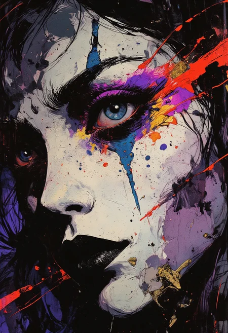(cksc, highly detailed, hyper realistic) This digital painting depicts an intense, atmospheric portrait featuring a surreal mime artist face. The extreme close-up focuses on a single mesmerizing pale white eye, surrounded by exaggerated black makeup, with bold streaks of crimson and violet running from the eye like smeared paint. The mime’s face is stark white, smooth, and matte, contrasted with abstract streaks of electric blue, deep magenta, and metallic gold flowing across the cheeks and forehead, evoking motion and emotion. The lips are black, sharply outlined, and slightly parted, revealing a hint of silver teeth, adding an unsettling elegance. Fine black lines accentuate the brows and contours, enhancing the theatrical expression. Wisps of dark hair streaked with neon red and purple sweep across the face, blending into abstract swirling textures that dissolve into the borderless, ethereal background. There is no visible background — only seamless gradients of dark plum, violet haze, and shimmering silver streaks that flow outward, immersing the face in an endless surreal dreamscape. The composition is painted with fluid, textured brush strokes, emphasizing emotional depth and surreal beauty.