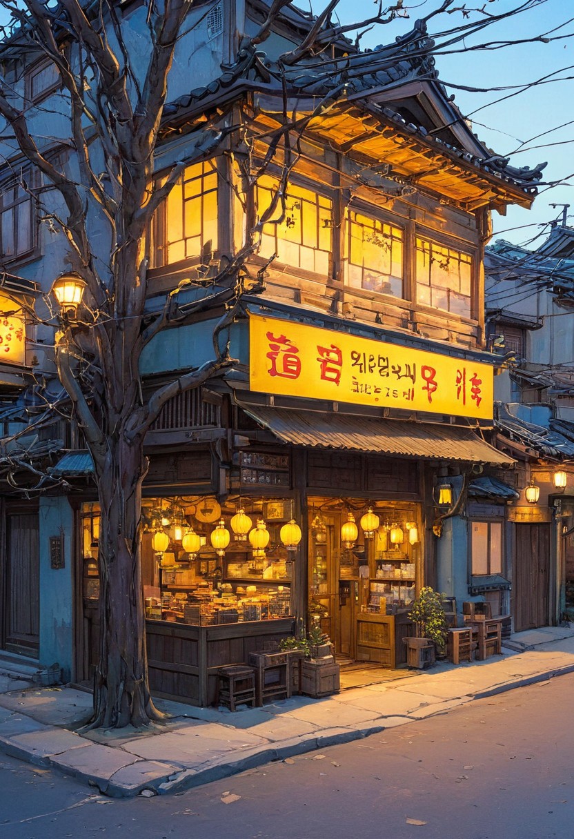 A cozy, small traditional Korean shop illuminated warmly at dusk, surrounded by a large, intricate tree with branches sprawling across the scene. The shop has wooden panels and shelves filled with various goods, and a soft yellow glow emanates from its windows and lanterns. Outside, there are a few stools and tables under the tree, scattered leaves, and soft lighting creating a serene and nostalgic atmosphere. Overhead, electrical wires crisscross the sky, adding depth and realism. The environment is peaceful, with a blend of natural and urban elements harmonizing beautifully.. (anime, cyberpunk, Moebius (Jean Giraud) Style page), (high contrast:1.1)