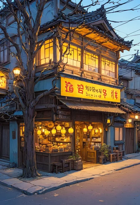 A cozy, small traditional Korean shop illuminated warmly at dusk, surrounded by a large, intricate tree with branches sprawling across the scene. The shop has wooden panels and shelves filled with various goods, and a soft yellow glow emanates from its windows and lanterns. Outside, there are a few stools and tables under the tree, scattered leaves, and soft lighting creating a serene and nostalgic atmosphere. Overhead, electrical wires crisscross the sky, adding depth and realism. The environment is peaceful, with a blend of natural and urban elements harmonizing beautifully.. (anime, cyberpunk, Moebius (Jean Giraud) Style page), (high contrast:1.1)