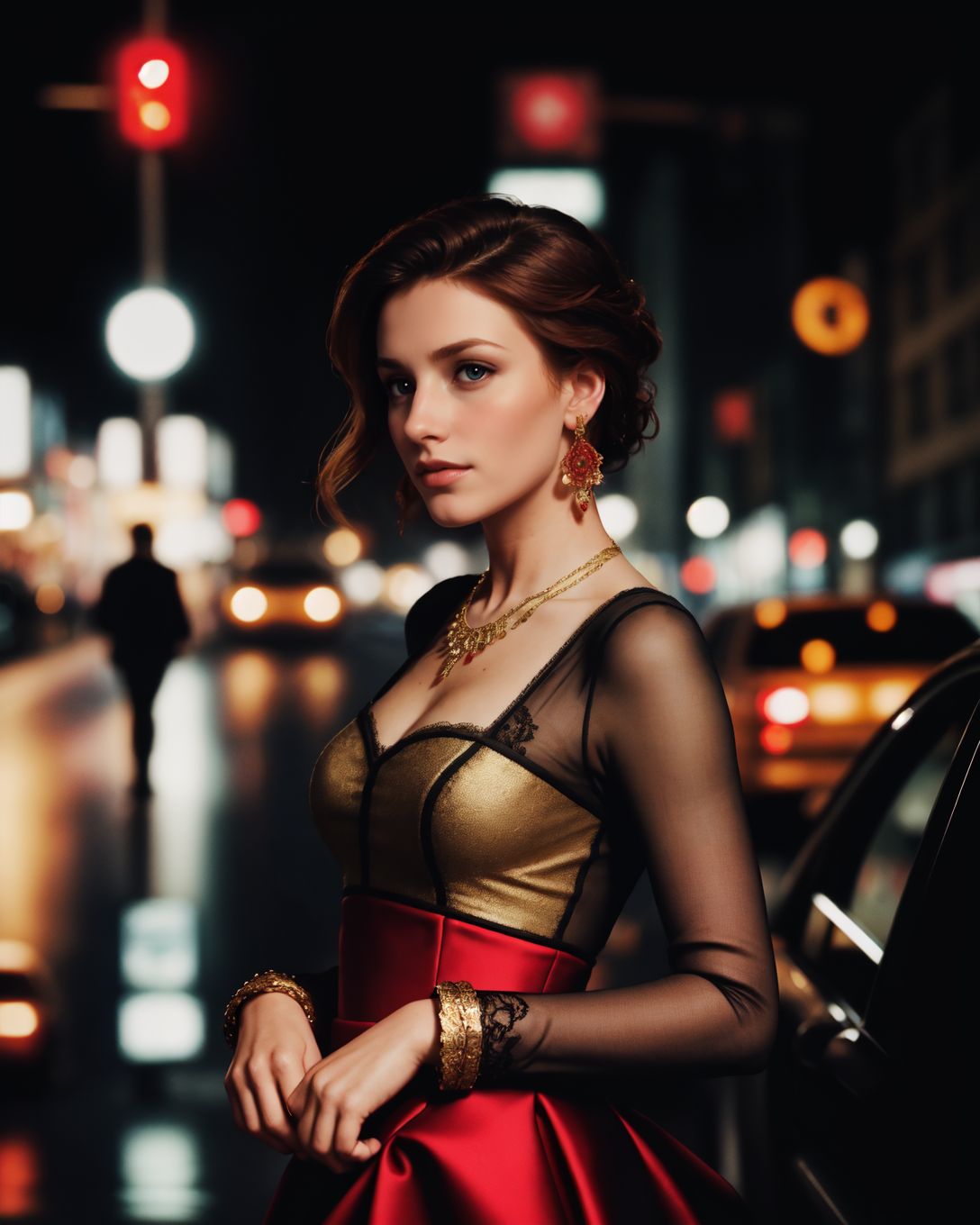 (style of [mario testino|annie leibovitz]:1.4), XD-Scene  Style-DoF, (style of Peter Lindbergh), woman, upper body, face, dressed in a couture gown, deep red, intricate lace, luxurious fabric, gold embroidery, baroque-inspired patterns, the gown hugs her silhouette, dramatic, elegant, regal, model's expression confident, intense gaze, hair styled in a tousled updo, bold red lipstick, flawless makeup, golden jewelry, necklace, earrings, exuding sophistication, poised, powerful, New York City, street scene, evening, blurred background, vibrant city lights, bustling atmosphere, the contrast between high fashion and the urban setting, neon signs, wet pavement reflecting lights, creating a cinematic effect, slight bokeh, capturing the energy of the city, blending luxury with street style, visual storytelling, modern couture, timeless elegance, the model stands out amidst the urban chaos, commanding attention, a perfect blend of glamour and grit, high-end fashion editorial, capturing the essence of New York's vibrant nightlife, bold, alluring, captivating <lora:kodak_ektar:0.8>
