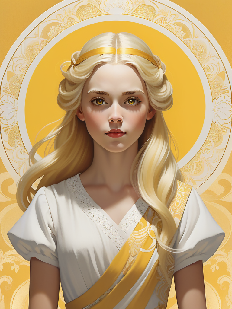 <lora:04Vintageillustration_Hap_XL:3.3>,Norman Rockwell style Animated girl, striking yellow hair, dark yellow eyes, long and flowing hair, bright golden yellow, soft glow, ethereal face, emotionless expression, smooth fair skin, flowing dress, elegant, soft gradient background, abstract patterns, subtle genre-themed elements, novel cover illustration, elegant typography for title and author's name, balanced composition, depth with lighting and shading, ultra realistic, digital painting.