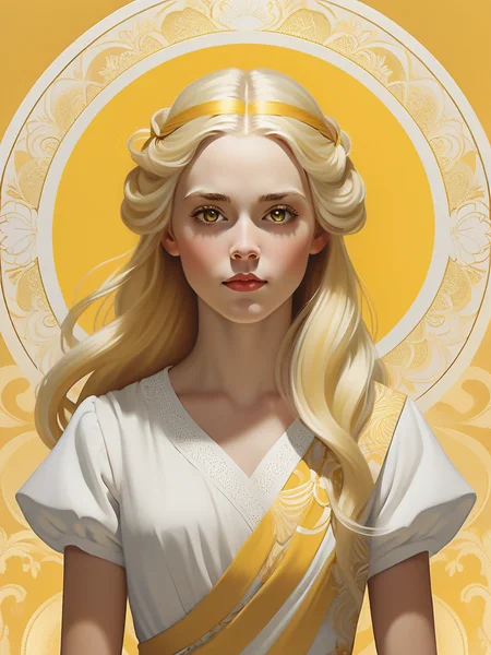 <lora:04Vintageillustration_Hap_XL:3.3>,Norman Rockwell style Animated girl, striking yellow hair, dark yellow eyes, long and flowing hair, bright golden yellow, soft glow, ethereal face, emotionless expression, smooth fair skin, flowing dress, elegant, soft gradient background, abstract patterns, subtle genre-themed elements, novel cover illustration, elegant typography for title and author's name, balanced composition, depth with lighting and shading, ultra realistic, digital painting.