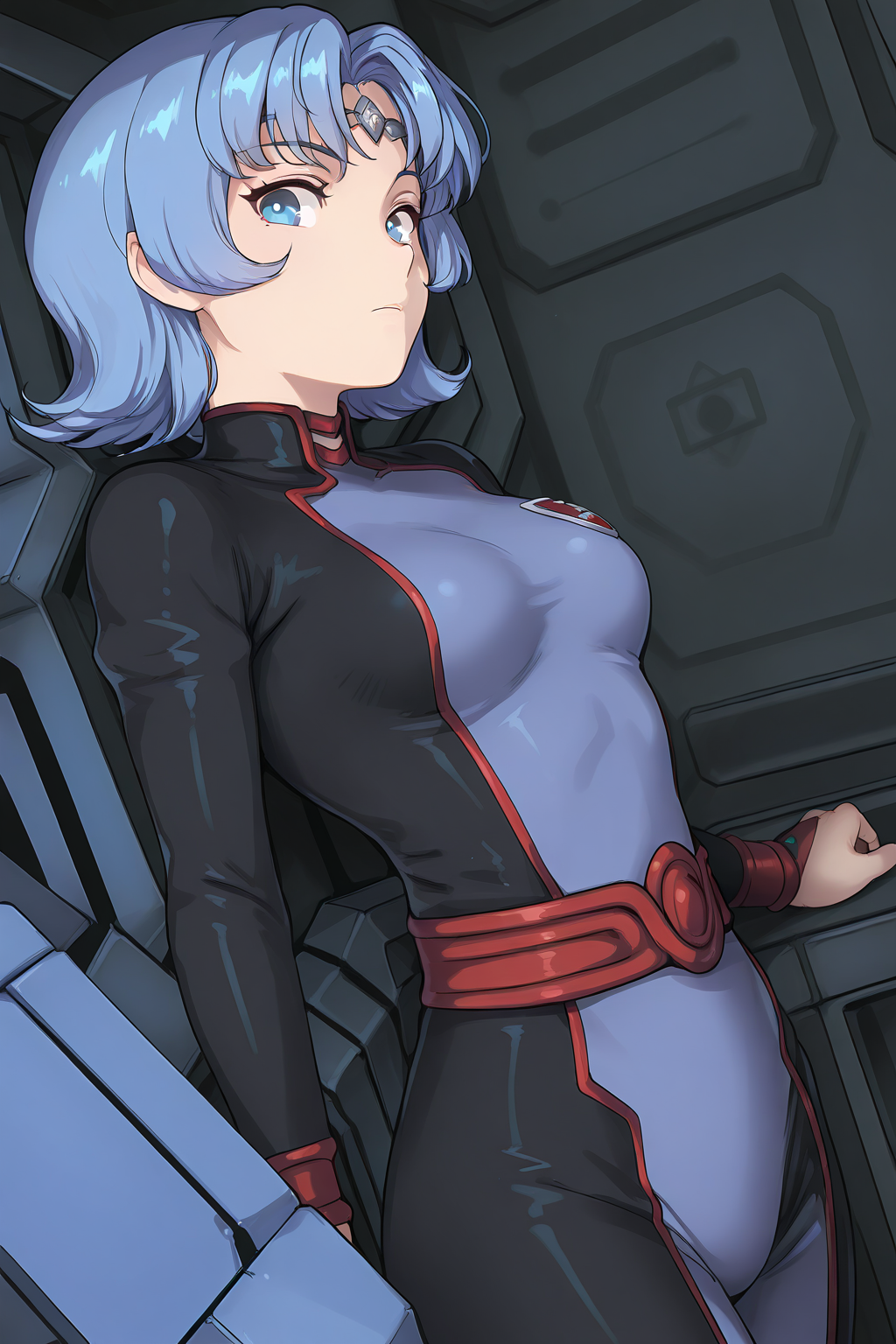 1girl, ETHairstyle, ETOutfit,
general, solo, perspective, dutch angle, half body,
comic style,
blue hair, blue eyes, eyelashes, pointy ears,
circlet, multicolored bodysuit, emblem, red belt,
pose, looking at viewer, 
science fiction, starcraft,
depth of field,
<lora:kp_EkuryuaSeikaiIllustrious_v1_0:1.0>,
masterpiece, best quality, amazing quality