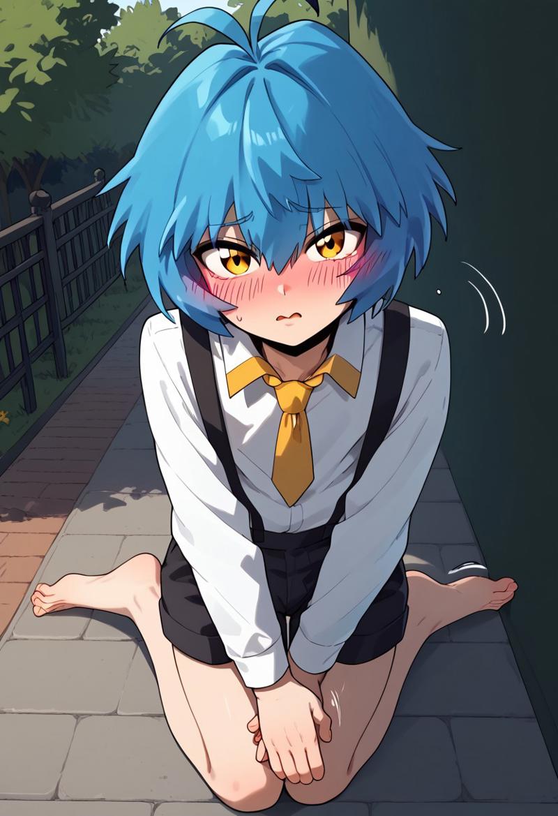 score_9, score_8_up, score_7_up, male, solo male, , androgynous, PramSchneiderManwua, Male, Blue hair, Shaggy spiky hair, Light skin, Blushing pink cheeks, Flustered or embarrassed Facial Expression, White shirt, black suspenders, yellow necktie, Slim Body, petite body, extremely detailed, shading, Expressiveh, zPDXL3, perfect lighting, looking at viewer, Flustered , park background, motion lines, shadow, masterpiece, perfect hands, handfeet, full-length portrait, full body, 3DMM,