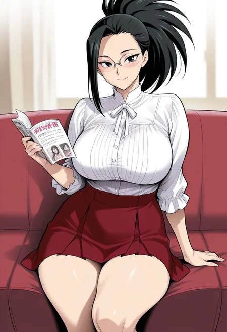masterpiece, best quality,
<lora:Kakugari_Kyoudai:1> K4k0g4r1K100d41, 1girl, detailed, beautiful, happy, Curvy figure, detailed eyes,, 1girl, yaoyorozu momo, long hair, bangs, black hair, ponytail, black eyes, white blouse, crimson skirt, reading glasses,