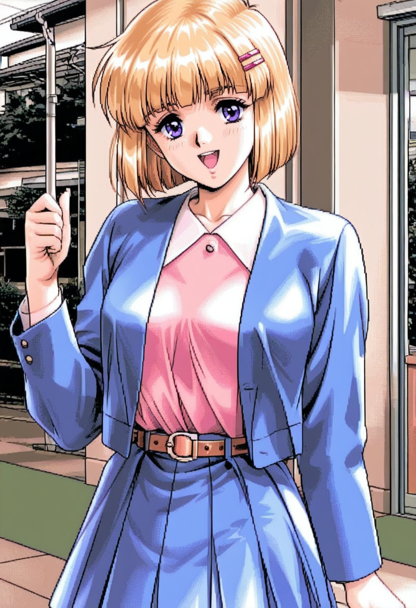 <lora:tomoyo3:0.8>t0m0y0,short hair,blunt bangs,blonde hair,hairclip, pink shirt,collared shirt,belt,blue skirt,blue jacket,solo,pose,open mouth,smile,looking at viewer,blush<lora:pc-98:1>fepas,pixel art,retro artstyle, very awa, masterpiece, best quality, amazing quality, very aesthetic, absurdres, sensitive, newest <lora:spo_sdxl_10ep_4k-data_lora_webui:0.7>,