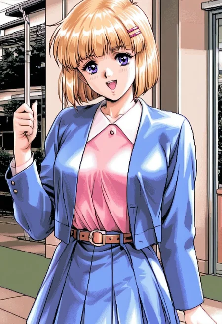 <lora:tomoyo3:0.8>t0m0y0,short hair,blunt bangs,blonde hair,hairclip, pink shirt,collared shirt,belt,blue skirt,blue jacket,solo,pose,open mouth,smile,looking at viewer,blush<lora:pc-98:1>fepas,pixel art,retro artstyle, very awa, masterpiece, best quality, amazing quality, very aesthetic, absurdres, sensitive, newest <lora:spo_sdxl_10ep_4k-data_lora_webui:0.7>,