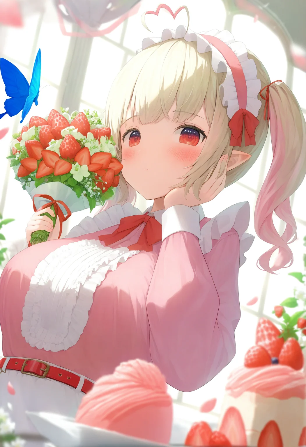 1girl, food, strawberry, red eyes, virtual youtuber, pointy ears, solo, twintails, multicolored hair, hand on own cheek, heart ahoge, butterfly, fruit, hand on own face, bug, belt, frills, blush, holding, blue butterfly, hairband, looking at viewer, puffy sleeves, window, apron, breasts, petals, blurry foreground, blurry, cake, indoors, closed mouth, pink shirt, flower, bouquet, long sleeves, ahoge, ribbon, depth of field, heart, center frills, maid headdress, upper body, streaked hair, large breasts, pink hair, two-tone hair, white apron, frilled hairband, red ribbon,
masterpiece,best quality,newest,absurdres,highres,very awa,<lora:negi1_noob1.1-000186:0.9>,