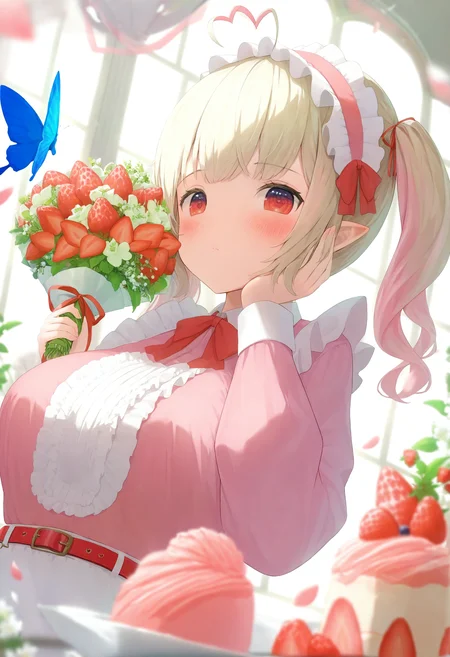 1girl, food, strawberry, red eyes, virtual youtuber, pointy ears, solo, twintails, multicolored hair, hand on own cheek, heart ahoge, butterfly, fruit, hand on own face, bug, belt, frills, blush, holding, blue butterfly, hairband, looking at viewer, puffy sleeves, window, apron, breasts, petals, blurry foreground, blurry, cake, indoors, closed mouth, pink shirt, flower, bouquet, long sleeves, ahoge, ribbon, depth of field, heart, center frills, maid headdress, upper body, streaked hair, large breasts, pink hair, two-tone hair, white apron, frilled hairband, red ribbon,
masterpiece,best quality,newest,absurdres,highres,very awa,<lora:negi1_noob1.1-000186:0.9>,
