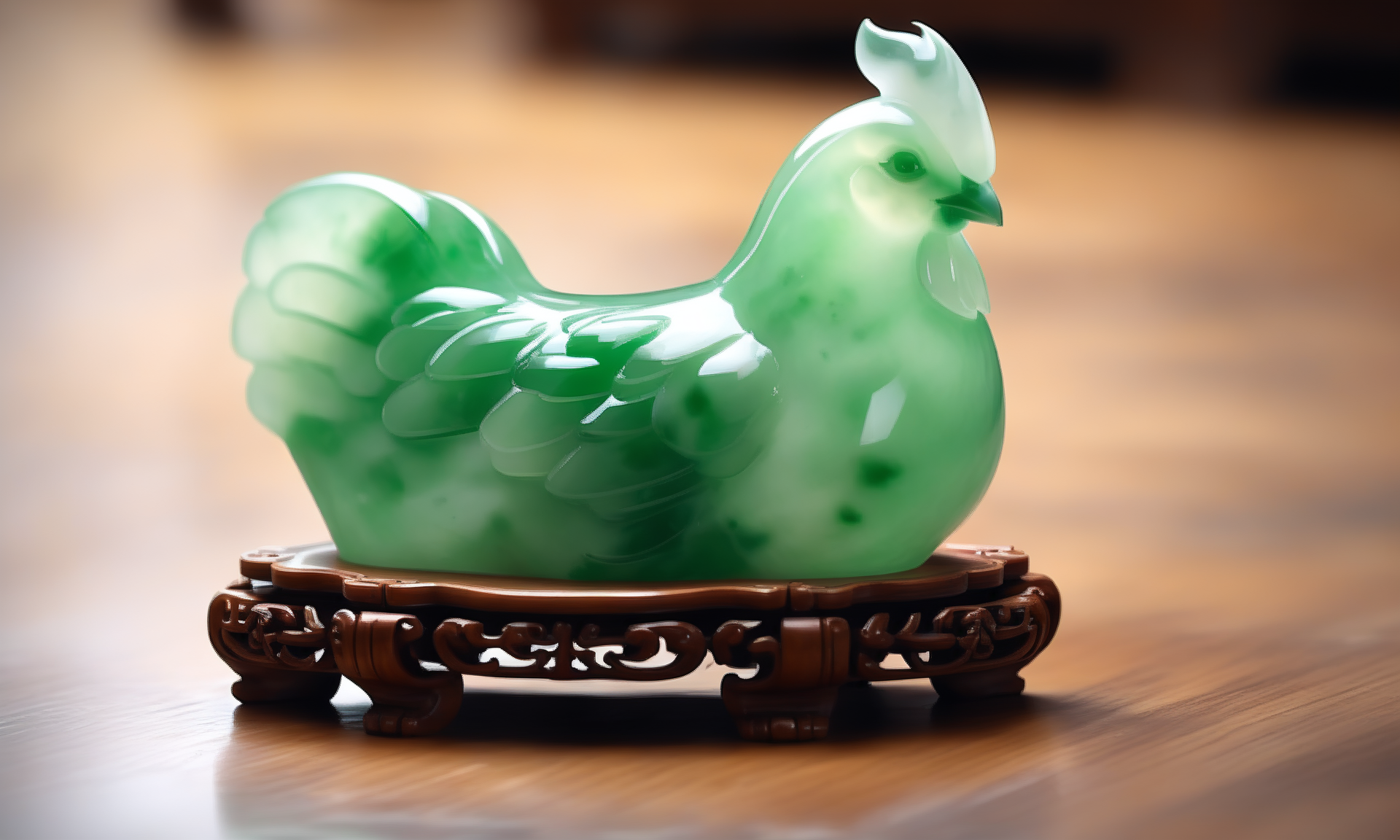 ethereal fantasy concept art of  <lora:jadeitecarvingcd_xl-000006:0.6>,a statue of a cock made of (green jadeite, transparent) on floor,tilt-shift,miniature,jadeitecarvingcd_xl with green theme,no humans,long-focus,indoors,chinese zodiac,wooden table,cutie,cute,still life,animal statue,front view,facing viewer,looking at viewer . magnificent, celestial, ethereal, painterly, epic, majestic, magical, fantasy art, cover art, dreamy