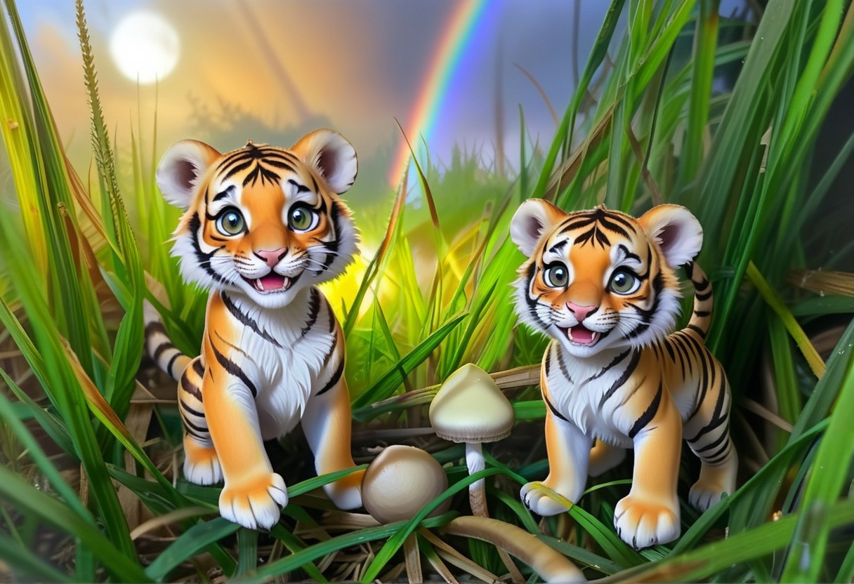 photo of small cute tigers playing, detailed eyes, detailed face, detailed fur, detailed paws, happy, mushrooms, grass, ethereal mist, evening sun, sunset sky, colorful clouds, rainbows, dark-grasshrooms