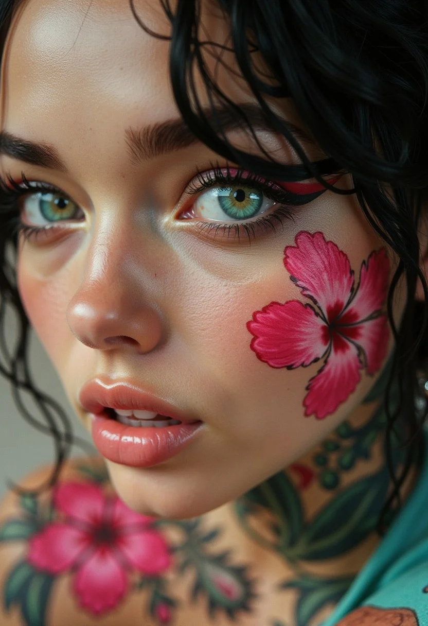 Hyperrealism, extreme close-up Portrait of a beautiful, stunning unique female character. She has large turquoise eyes filled with joy and excitement, extravagant eyelashes, making this image a masterpiece of photography and digital art. Style: realistic hyper-detailed rendering, 32k UHD, expressive eyes, punk, graphic design, pink hibiscus tattoo, girl's face, side view, pretty and cute, gleaming lips, white skin, telling a tale of adventure. Exuding confidence and serenity. Vibrant tattoos adorn her sun-kissed skin